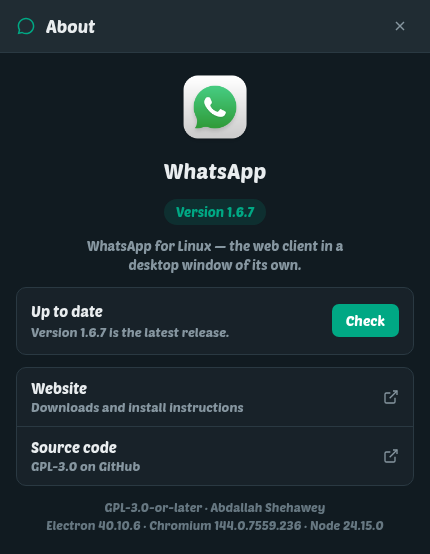 The whatsapp-desktop About window