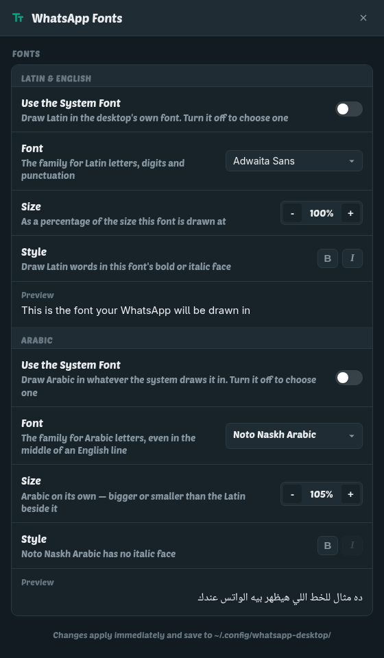 The whatsapp-desktop Fonts window