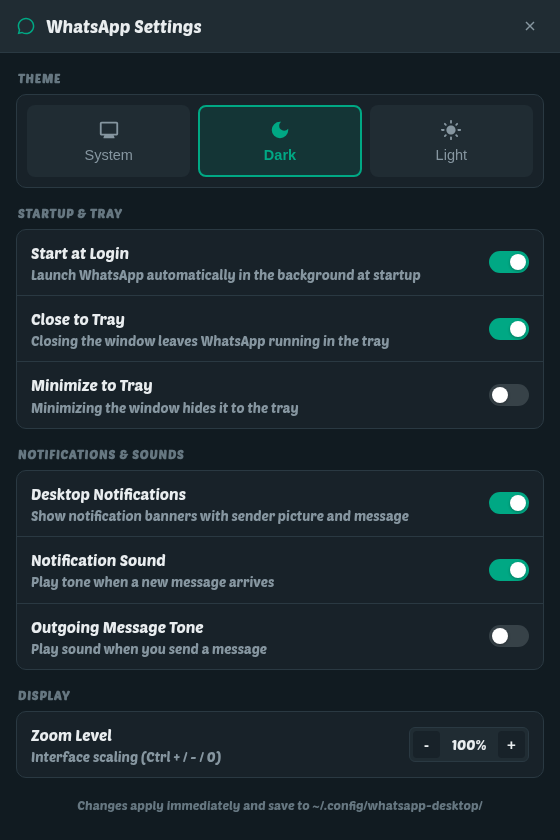 The whatsapp-desktop Settings window